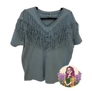 VTG Ever Blue Blue Fringe Beaded One Size Whimsygoth Western Boho V-Neck Tee